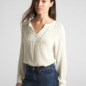 Crinkle Long Sleeve Lace-Trim Blouse